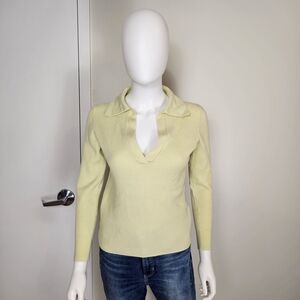 Babaton Light Lime Green Collared Long Sleeve Merino Wool Knit Sweater Sz M